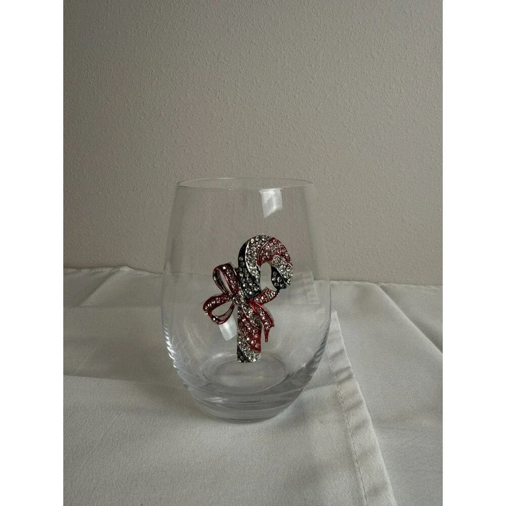 Clear Stemless Wine Glass, Christmas Holiday Candy Cane Decor, Bow Design
